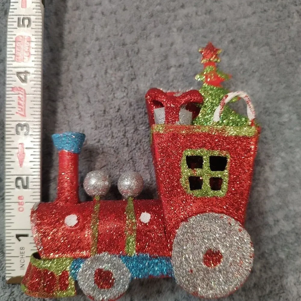 Metal Train‎ Locomotive Engine Christmas Ornament Decoration Glitter Green Red